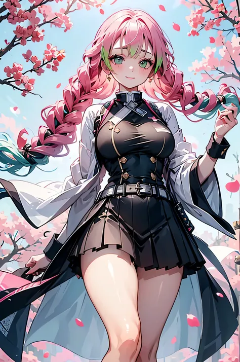 Mitsuri Kanroji, The Hashira of Love , in an elegant and provocative pose, wearing a stylized and bolder version of her demon hunter uniform — soft neckline, slightly shorter skirt, with details in pink and green matching her long wavy hair. She smiles cha...