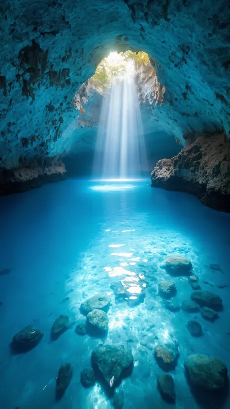 high-resolution images、Breathtaking hidden blue crystal natural caves、The surface of the water remains、makes you feel the depth and serenity of this hidden paradise。blue crystal boulders natural like blue caves in perfect harmony with water, sunshine, and ...
