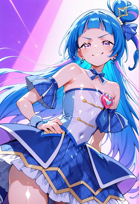 、 Look Down、from below、 break、Cure Wink、cure winks 、Idol Kimi and Idol Pretty Cure Blue Hair、Magical Girl、 mini crowns、purple eyes, blue dress ,slanted hat,very long hair,Dull bangs,bare shoulder,headband,,,nsfw,(smirk:1.7),lewd,最高品質,非常に詳細な画像,シングル,1人の少女(s...