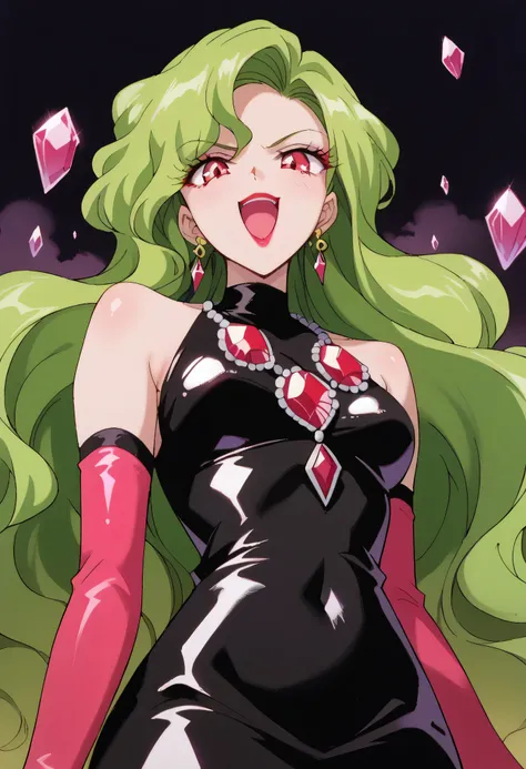 1 girl, cute face, green hair, very long hair, wavy hair with a graceful expression, LATEX ONLY , gloves, red lipstick, makeup, elbow-length gloves, eyeshadow, bare shoulder,Shiny Latex Black Dress, gemstone necklace that crosses the see-through, PURPLE CR...