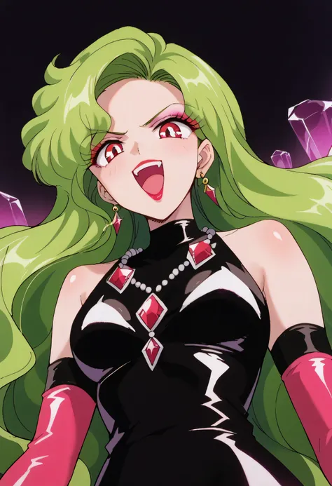 1 girl, cute face, green hair, very long hair, wavy hair with a graceful expression, LATEX ONLY , gloves, red lipstick, makeup, elbow-length gloves, eyeshadow, bare shoulder,Shiny Latex Black Dress, gemstone necklace that crosses the see-through, PURPLE CR...