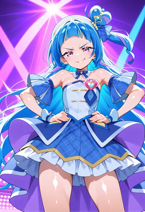 、 Look Down、from below、 break、Cure Wink、cure winks 、Idol Kimi and Idol Pretty Cure Blue Hair、Magical Girl、 mini crowns、purple eyes, blue dress ,slanted hat,very long hair,Dull bangs,bare shoulder,headband,,,nsfw,(smirk:1.9),lewd,最高品質,非常に詳細な画像,シングル,1人の少女(s...