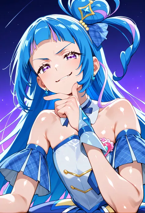 、 Look Down、from below、 break、Cure Wink、cure winks 、Idol Kimi and Idol Pretty Cure Blue Hair、Magical Girl、 mini crowns、purple eyes, blue dress ,slanted hat,very long hair,Dull bangs,bare shoulder,headband,,,nsfw,(smirk:1.9),lewd,最高品質,非常に詳細な画像,シングル,1人の少女(s...