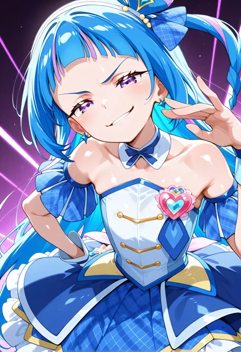 、 Look Down、from below、 break、Cure Wink、cure winks 、Idol Kimi and Idol Pretty Cure Blue Hair、Magical Girl、 mini crowns、purple eyes, blue dress ,slanted hat,very long hair,Dull bangs,bare shoulder,headband,,,nsfw,(smirk:1.9),lewd,最高品質,非常に詳細な画像,シングル,1人の少女(s...