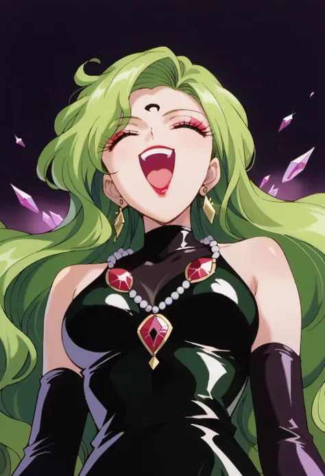 1 woman, beautiful face above the castle gate, green hair, very long hair, wavy hair with a graceful expression, LATEX ONLY , gloves, red lipstick, makeup, elbow-length gloves, eyeshadow, bare shoulder,shiny latex black dress, gemstone necklace that crosse...