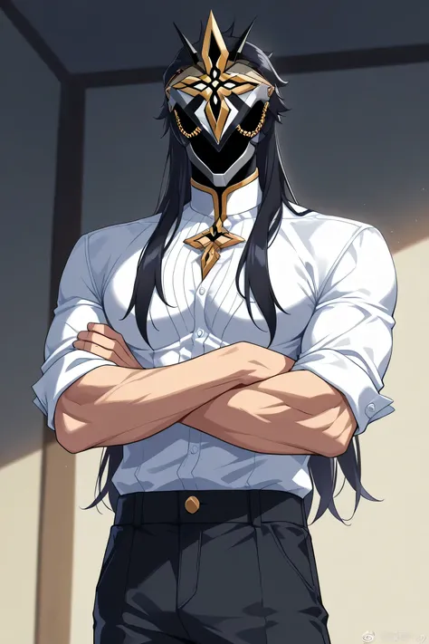 score_9, score_7_up, source_anime ilcapitano, 1boy, male focus, solo, black hair, long hair, mask, faceless, faceless male, masked male, modern room, indoor, minimalistic interior, soft lighting, black button-up shirt, rolled-up sleeves, muscles visible un...