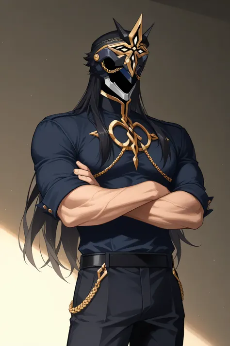 score_9, score_7_up, source_anime  
ilcapitano, 1boy, male focus, solo, black hair, long hair, mask, faceless, faceless male,  
modern room, indoor, minimalistic interior, soft lighting,  
white button-up shirt, rolled-up sleeves, muscles visible under clo...