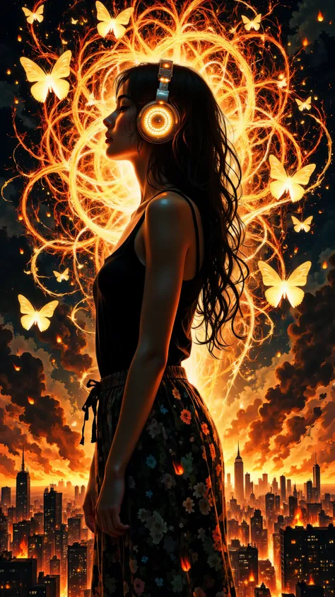 8k, Masterpiece, Top Quality, medium shot, profile view, woman silhouette, long wavy hair shape, wearing glowing headphones, dark clothing implied, standing, dark background, swirling fiery energy, glowing butterflies, floating embers, abstract cityscape a...