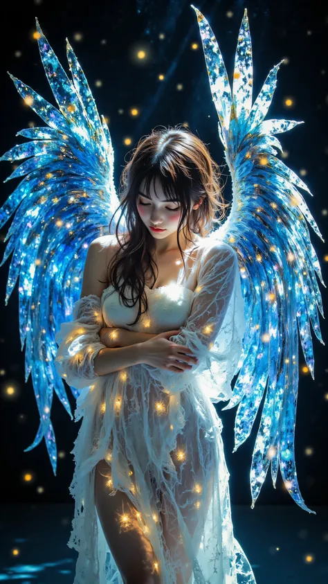 8k, Masterpiece, Top Quality, medium shot, slightly high angle, figure, curled pose, enveloped by enormous translucent glowing blue wings, hints of light hair and skin visible, dark background, scattered golden sparkles, ethereal dual lighting, cool blue g...