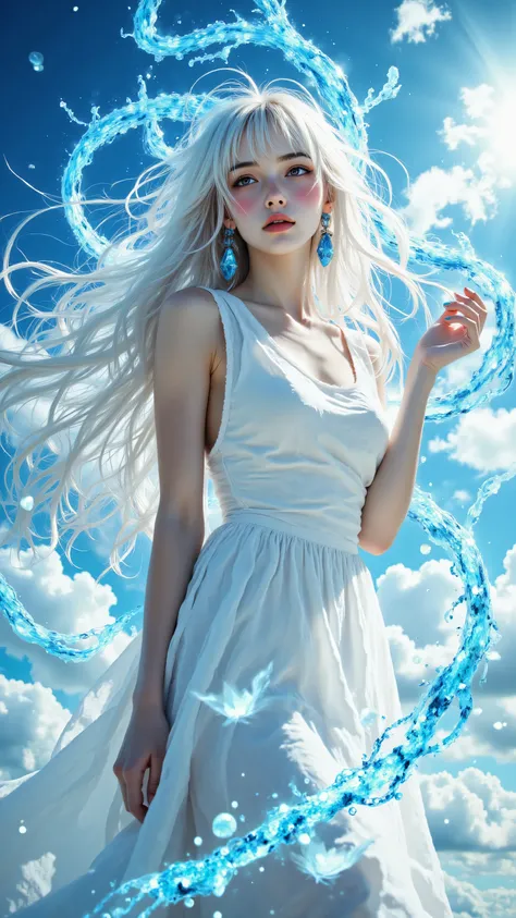 8k, Masterpiece, Top Quality, medium shot, slightly low angle, woman, long flowing white blonde hair, windblown, looking up, serene expression, wearing large blue crystal earrings, wearing a simple white flowing dress, standing, hand slightly raised, swirling ribbons of blue glowing energy and particles around her, bright blue sky with soft white clouds background, bright ethereal daylight, glowing blue energy ribbons, cool blue illumination, strong highlights, high key, serene magical atmosphere, Water Spirit

