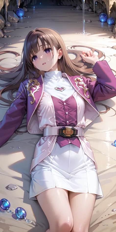 (高精細CG), (Highest Quality), IN THE CAVE,1 girl, perfect face,  wide hips,  Slim waist,  , purple bolero jacket,white skirt,long sleeve, Pink Belt,   straight and long hair , brown hair, ((( empty eyes ))),crying,uterus,lying on the ground on your back,