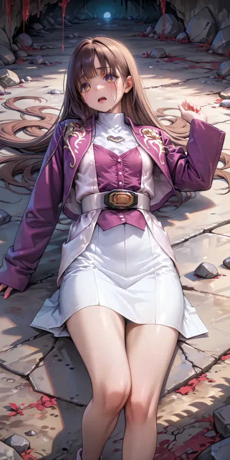 (高精細CG), (Highest Quality), IN THE CAVE,1 girl, perfect face, wide hips, Slim waist, , purple bolero jacket,((white skirt)),long sleeve, Pink Belt, straight and long hair , brown hair, ((( empty eyes ))),crying,uterus,lying on the ground on your back,