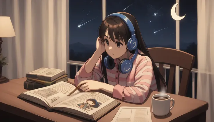 score_9, score_8_up, score_7_up, gsfghtr, multicolored pajamas, neckerchif, black hairs, ((long straight hairs)), 1 girl, solo, night, crescent moon in sky, shooting stars, a book on the desk, flat face, studying on the desk, reading a big book about calcu...