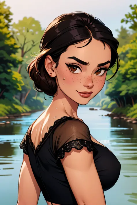 ( Absurdo, hd , Ultra detailed, be careful with your hand ) Close-up view of a slim and athletic woman, 25 anos, 8k (( high definition )), shy smile, look seductive, brown eyes sweater, wearing a high-waisted black-royal long dress (( with lace V-neck , r...