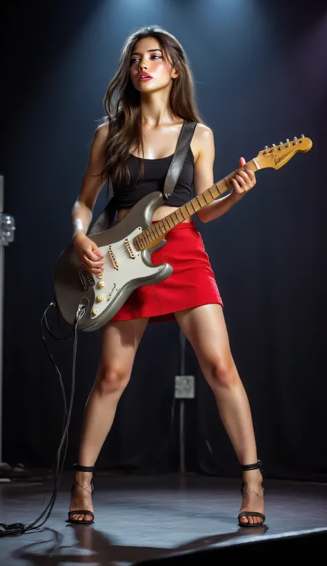 a pretty girl in red short skirt is singing and playing electric guitar on stage, no people