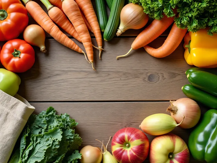 A rustic wooden table top tops the table with a mix of fresh fruits and vegetables in vibrant colors. Including tomatoes, carrots with green tops, peppers, cucumbers, onions, apples, peaches, and greens like kale and spinach. Several reusable canvas bags o...
