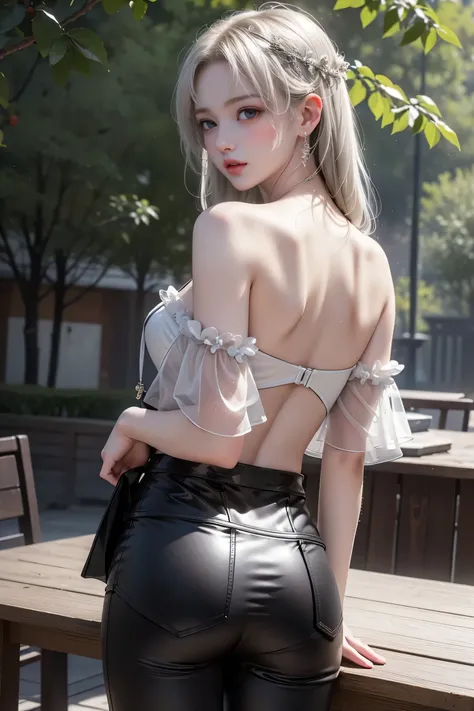 ((circuit、Standing in front of a car))、 ((One-shoulder black leather pantsuit))、((Black leather tight mini skirt))、(Black T-back pants)、(Back view)、(look back),High-quality work、Live-action work、Ultra Premium Graphics、8K HD CGワークス、High Quality Graphics、Hig...