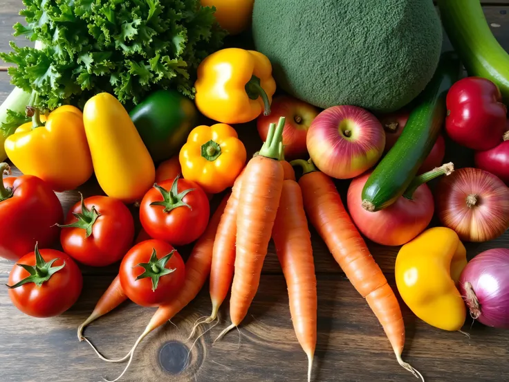 A rustic wooden table top tops the table with a mix of fresh fruits and vegetables in vibrant colors. Including tomatoes, carrots with green tops, peppers, cucumbers, onions, apples, peaches, and greens like kale and spinach. Several reusable canvas bags o...