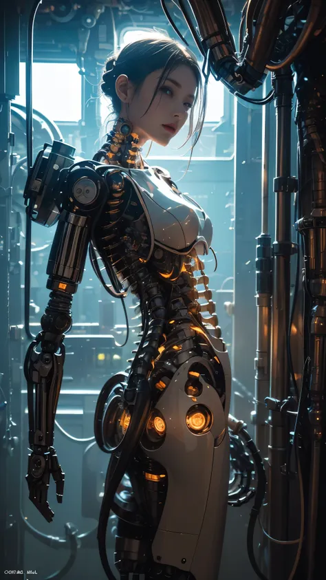 ((RAW Photo), Absurds, (Absurd Resolution)), ((Hyperrealism, Photorealistic)), (((war damage, mechanical imperfection, damaged Robot Girl))), (illuminated pupil, led magnifying glasses), (standing facing forward), ((glowing skin, Mechanical Girl,)), (stand...