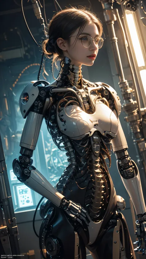 ((RAW Photo), Absurds, (Absurd Resolution)), ((Hyperrealism, Photorealistic)), (((war damage, mechanical imperfection, damaged Robot Girl))), (illuminated pupil, led magnifying glasses), (standing facing forward), ((glowing skin, Mechanical Girl,)), (stand...
