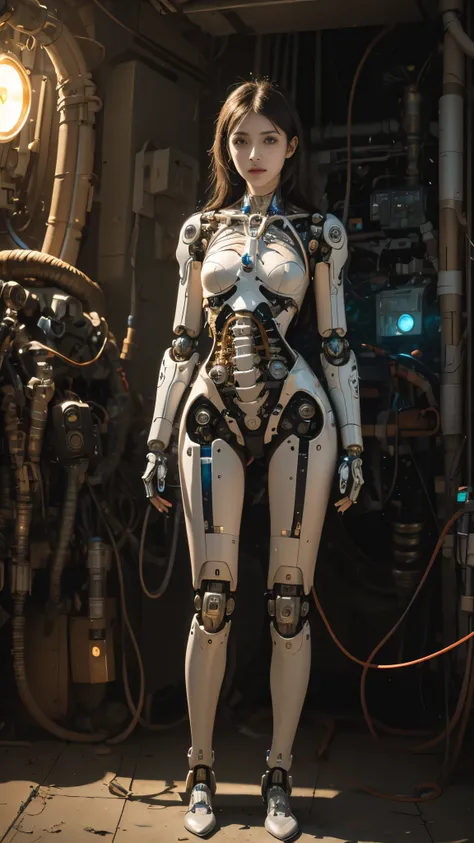 ((RAW Photo), Absurds, (Absurd Resolution)), ((Hyperrealism, Photorealistic)), (((war damage, mechanical imperfection, damaged Robot Girl))), (illuminated pupil, led magnifying glasses), (standing facing forward), ((glowing skin, Mechanical Girl,)), (stand...
