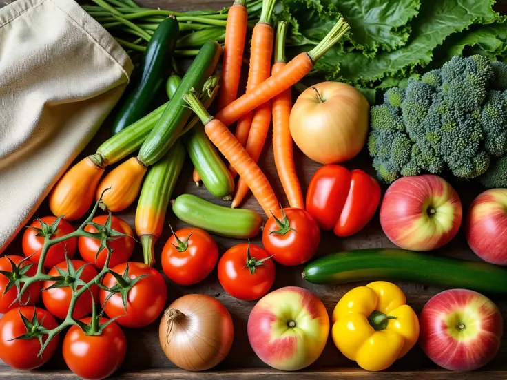 A rustic wooden table top tops the table with a mix of fresh fruits and vegetables in vibrant colors. Including tomatoes, carrots with green tops, peppers, cucumbers, onions, apples, peaches, and greens like kale and spinach. Several reusable canvas bags o...