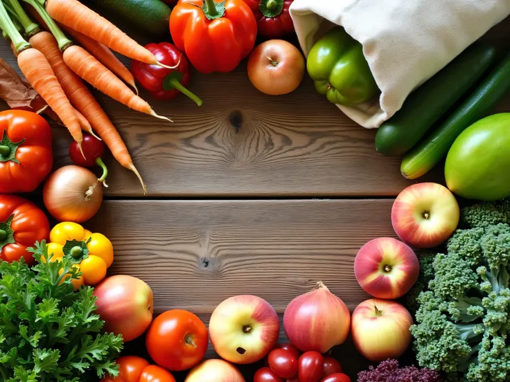 A rustic wooden table top tops the table with a mix of fresh fruits and vegetables in vibrant colors. Including tomatoes, carrots with green tops, peppers, cucumbers, onions, apples, peaches, and greens like kale and spinach. Several reusable canvas bags o...