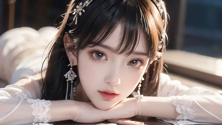 Realistic: 1.3, masterpiece, highest quality, high resolution, Details: 1.2, 1 girl, Hairpin, pretty face, Delicate Eyes, Tassel Earrings, necklace, ribbon, Elegant posture , aesthetics, movie lighting, ray tracing, depth of field, Layering, thump, Lac...