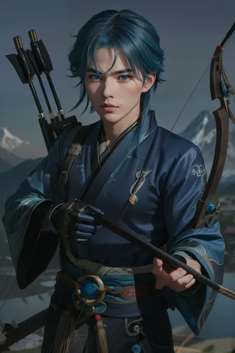 Young man, blue hair, blue eyes, purple electric on hair, beautiful, masterpiece, best quality, best generation, archer, pulling longbow's bowstring, mountain background, fox mask on head, japanese haori over kimono, archery bracers, realistic lightning, m...