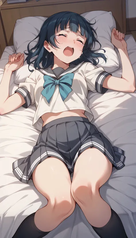 A cheerful and concerned image of Yoshiko Tsushima, with sailor's uniform and short gray skirt with white line, in a room , lying on a bed , eyes closed, open arms, legs together, crying, excited , orgasm, black socks above the knee, 