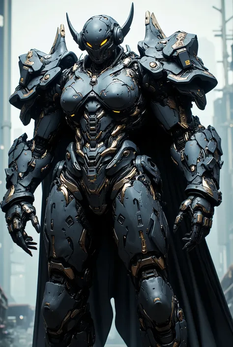 Masterpiece, best quality, tall, carapace, shell helmet over eyes, extra eyes, horn, antennae, fangs mask, cyberpunk headphones, big breast, shell state, shell armor, white armor, full body armor, cape, closed wings, Platinum accents, yellow eyes, black sc...