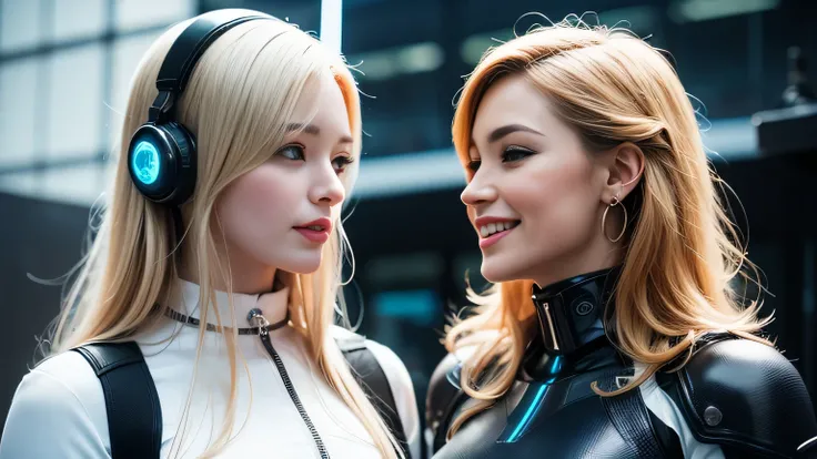 sunny daytime city、ung and beautiful Irish beauties with platinum blonde hair、when 2 beautiful blonde girls with blue eyes open their eyes wide、a 22-year-old Hollywood actress waves、beautiful blond Irish woman wearing a white blouse with a collar on the in...