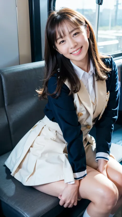 Highest Quality, masterpiece, Ultra High Definition, (reality: 1.4),  original photo , one girl, mature, JK uniform in white , happy smile, , crouching on train seat,   Cinema Lighting