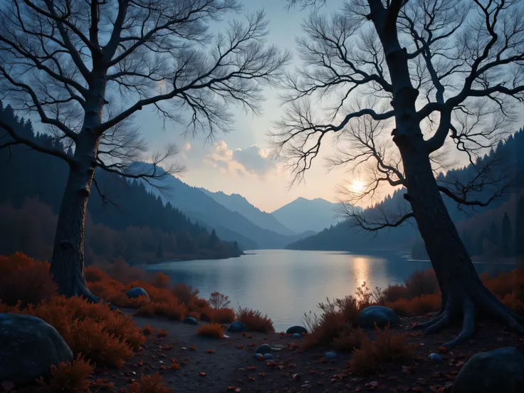 (best quality,4k,8k,highres,masterpiece:1.2),ultra-detailed,(realistic,photorealistic,photo-realistic:1.37),landscape,forest,late autumn,empty branches,depressed,dark and cold atmosphere,deep blue and gray,dense mist,motionless air,morning dew,tranquil and...