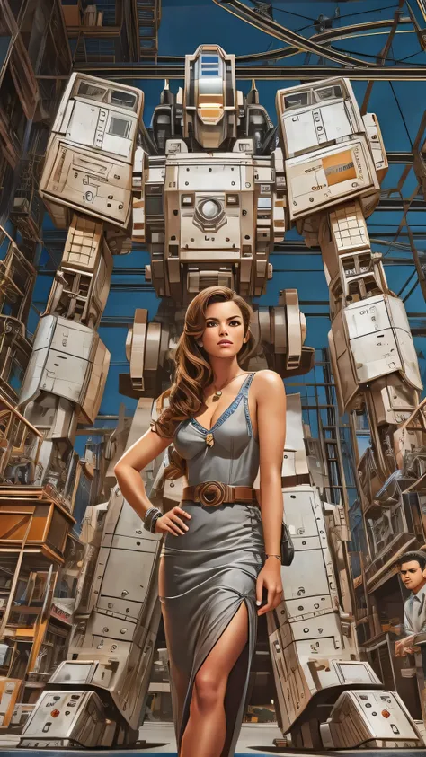 There is a woman in a dress standing in front of a giant robot, Don Mights, Sofia Vergara portrait,  Promotional Art , Attractive brown-haired woman , Retro Punk, The protagonist in the foreground, Inspired by Louis Paul,  mechanic,  Anime Visuals of Young...