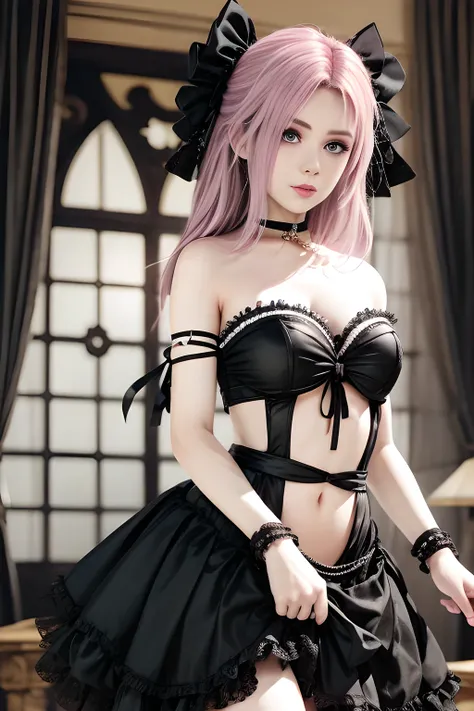 A woman wearing a strapless black dress with a high side slit tied with black ribbons, standing in an indoor setting with soft lighting on the left side.Pink hair,