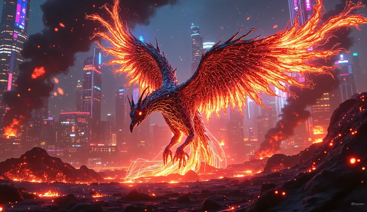 metal phoenix, futuristic cyberpunk city, rising from ashes in a dramatic rebirth, surrounded by neon skyscrapers and glowing signs, dystopian smog-filled skyline, cinematic backlighting with sparks and plasma glow, by Syd Mead and H.R. Giger, cyberpunk co...
