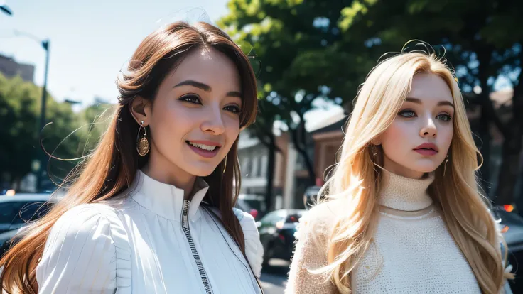 sunny daytime city、ung and beautiful Irish beauties with platinum blonde hair、when 2 beautiful blonde girls with blue eyes open their eyes wide、a 22-year-old Hollywood actress waves、beautiful blond Irish woman wearing a white blouse with a collar on the in...
