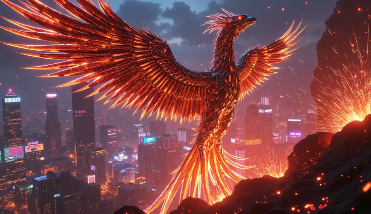 metal phoenix, futuristic cyberpunk city, rising from ashes in a dramatic rebirth, surrounded by neon skyscrapers and glowing signs, dystopian smog-filled skyline, cinematic backlighting with sparks and plasma glow, by Syd Mead and H.R. Giger, cyberpunk co...