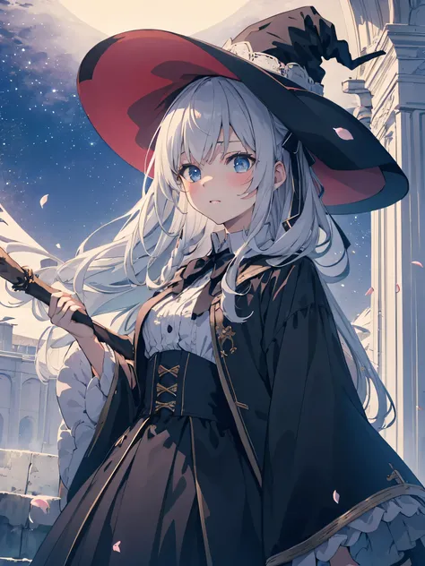 (score_9, score_8_up, score_7_up), source_Anime, absurd_res, white, blue, black, 1girl, solo, upper body, super fine illustration, an extremely delicate and beautiful, best quality, masterpiece, 8K, Walpurgis night setting, gentle breeze, moonlight, Wander...