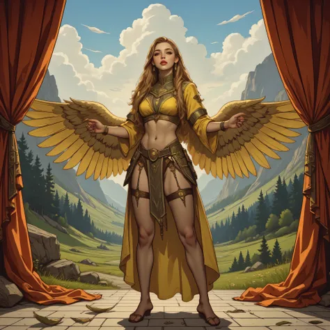 A very beautiful 22 year old warrior angel paladin, suspended in the air on a stage, eyes wide open with silent emotion, her golden wings with their feathers scattered all over the stage and falling to the floor. ((candy pink lips)), long spanish yellow ha...