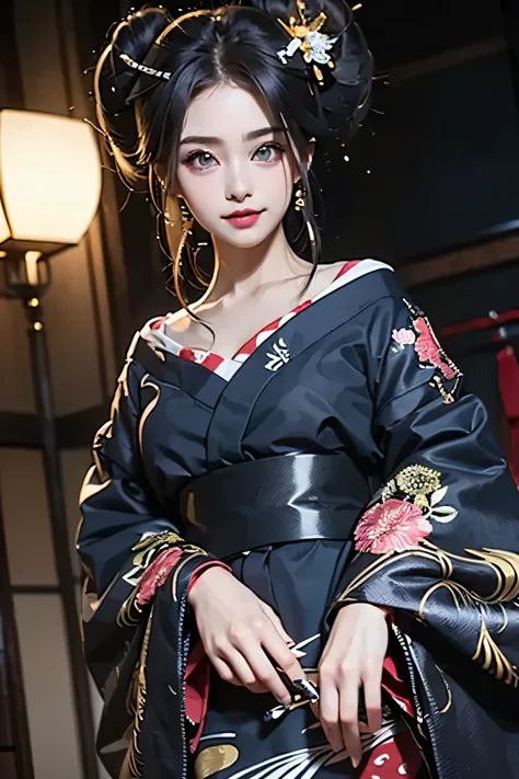 Woman with twin tails tied at both sides１people（wearing a gorgeous kimono）very big eyes((big eyes、Big eyes))The most beautiful woman in the world with a very, very thin jaw is 20 years old((Gorgeous Japanese belt、gorgeous hairpin)Beautiful, smooth, silky s...