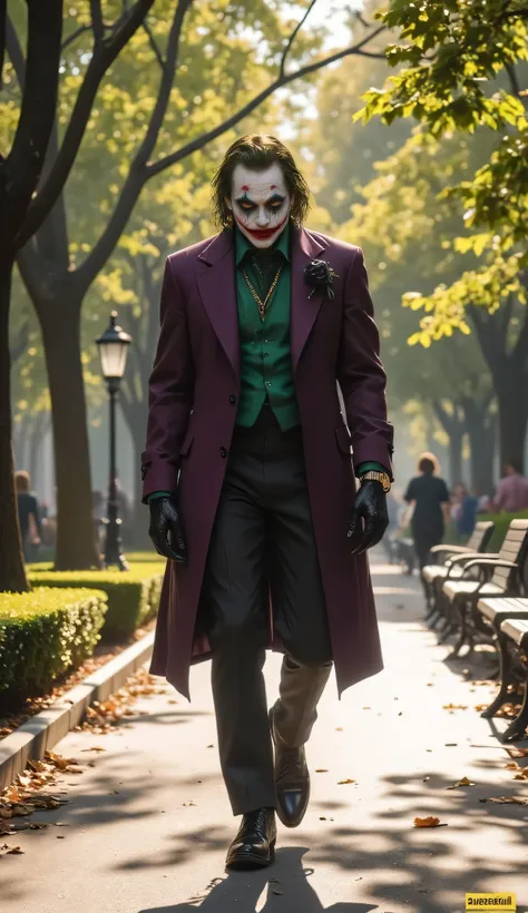 A hyper-realistic, ultra-detailed 8K cinematic image of The Joker walking slowly through a peaceful public park during the daytime, stylishly dressed but visibly emotional — silent tears running down his painted face.

The Joker:

He wears a high-fashion, ...