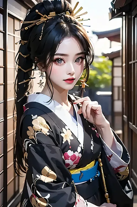 Woman with twin tails tied at both sides１people（gorgeous kimonoを着ている）Beautiful, smooth, silky skin((big eyes、Big eyes))The most beautiful woman in the world with a very, very thin jaw is 20 years old((Gorgeous Japanese belt、gorgeous hairpin)gorgeous kimono...