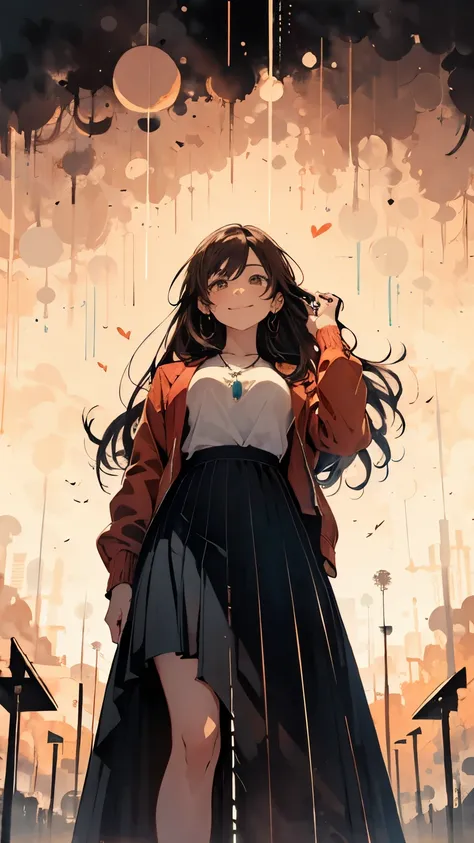 two-dimensional, national foundation, pastel colors, watercolor, line art, ankymoore, woman, alone, long hair, looking at the audience, long flowing skirt, brown hair, smiling, loose fit crop jacket, brown eyes, jewelry, Hearts in the air, view from below,...