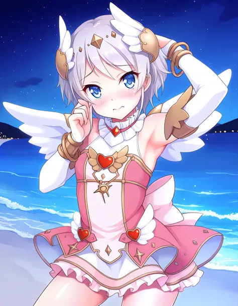 yori_angel,wing hair ornament,wings,pink dress,bridal gauntlets,bracelet,angel wings,dress,jewelry,white wings,hair ornament,feathered wings,bare shoulders,frills,bangle,detached sleeves,gloves,sleeveless,skirt,fake wings,shiny skin, solo, night sky, beach...