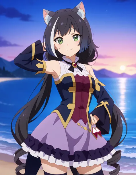 anime screencap, masterpiece, best quality,
1girl, solo, closed mouth, smile,
long hair, streaked hair, black hair, white hair, low twintails, green eyes, cat ears, cat tail,
KarylDress, multicolored dress, red brooch, detached sleeves, gold trim, red gems...