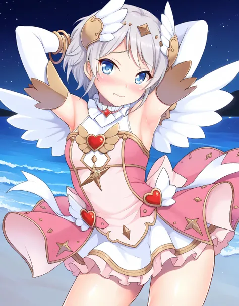 yori_angel,wing hair ornament,wings, pink dress, bracelet,angel wings,dress, jewelry, white wings, hair ornament,feathered wings, bare shoulders,frills,bangle,detached sleeves, gloves, sleeveless, skirt, fake wings, shiny skin, solo, night sky, beach, armp...