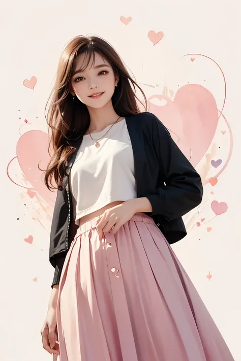 two-dimensional, national foundation, pastel colors, watercolor, line art, ankymoore, woman, alone, long hair, looking at the audience, long flowing skirt, brown hair, smiling, loose fit crop jacket, brown eyes, jewelry, Hearts in the air, view from below,...