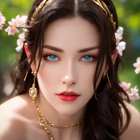 One 20 year old girl, (breast :1.1), navel,upper body,deep cleavage,bare shoulders,wears red tube top,deep neckline ,exposing cleavage,red skirt, blue gems,shiny skin,natural skin,hand in own hair,(mature female),milf, beautiful cai lin, deep blue eyes, de...